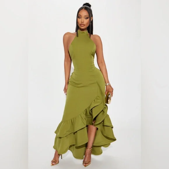 FASHIONNOVA Elegant Olive Green Halter Dress - Picture 1 of 5